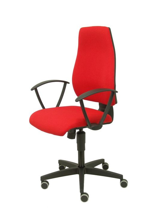 Modelo Leganiel - Silla de oficina ergonómica con mecanismo sincro, brazos fijos - Respaldo y asiento tapizado en tela color rojo.