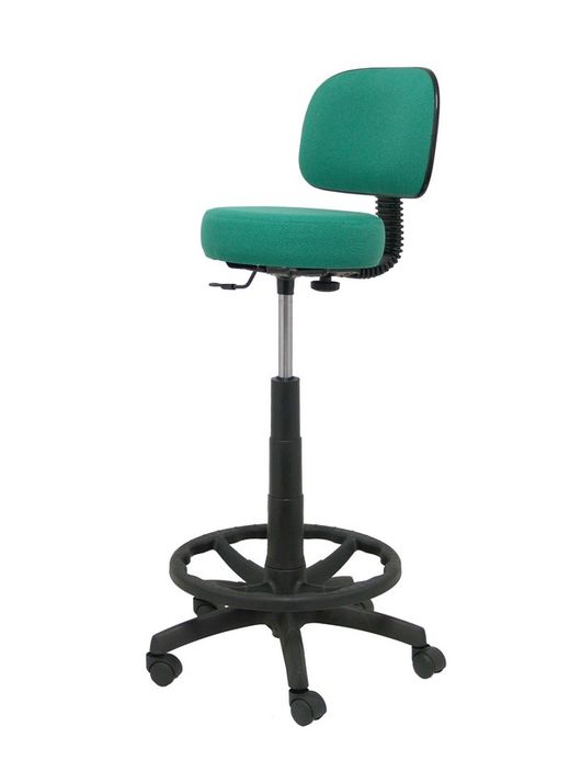 Modelo Llanos Taburete - Taburete ergonómico con mecanismo de contacto lama, regulable en altura y aro reposapiés - Asiento y respaldo tapizados en tejido bali color verde esmeralda.