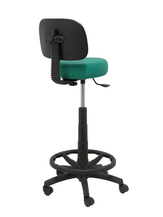 Modelo Llanos Taburete - Taburete ergonómico con mecanismo de contacto lama, regulable en altura y aro reposapiés - Asiento y respaldo tapizados en tejido bali color verde esmeralda.