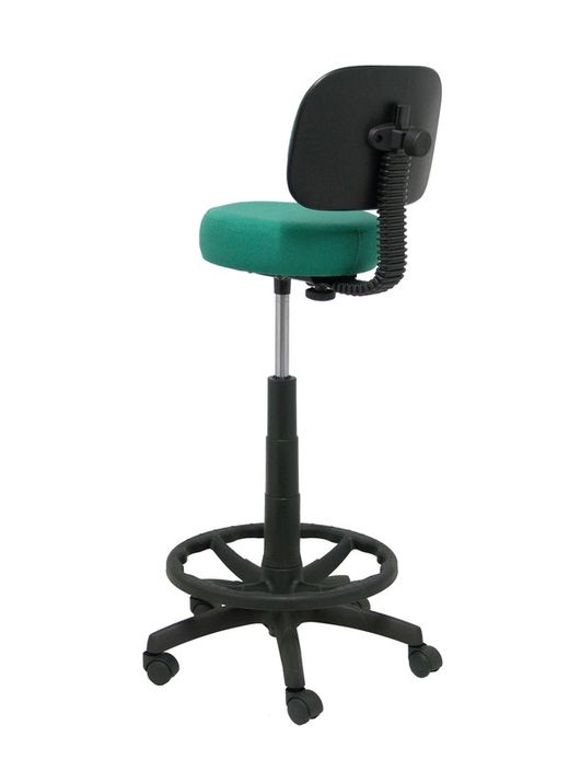 Modelo Llanos Taburete - Taburete ergonómico con mecanismo de contacto lama, regulable en altura y aro reposapiés - Asiento y respaldo tapizados en tejido bali color verde esmeralda.