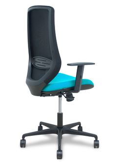 Modelo Mardos - Silla de oficina ergonómica con mecanismo sincro, brazos regulables y ajustable en altura - Respaldo de malla transpirable en color negro y asiento tapizados en tejido BALI color turquesa.