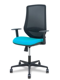 Modelo Mardos - Silla de oficina ergonómica con mecanismo sincro, brazos regulables y ajustable en altura - Respaldo de malla transpirable en color negro y asiento tapizados en tejido BALI color turquesa.