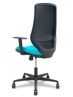 Modelo Mardos - Silla de oficina ergonómica con mecanismo sincro, brazos regulables y ajustable en altura - Respaldo de malla transpirable en color negro y asiento tapizados en tejido BALI color turquesa.