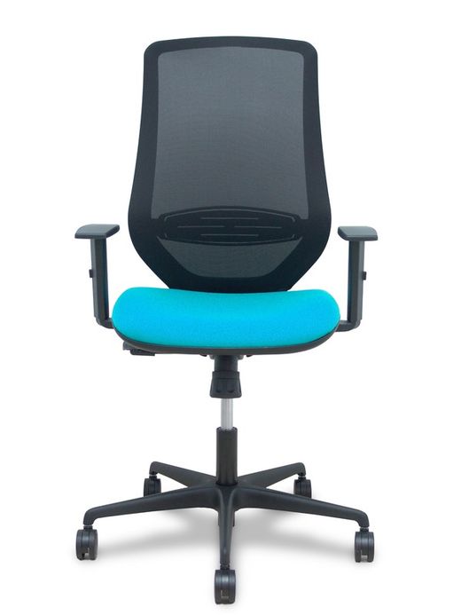 Modelo Mardos - Silla de oficina ergonómica con mecanismo sincro, brazos regulables y ajustable en altura - Respaldo de malla transpirable en color negro y asiento tapizados en tejido BALI color turquesa.
