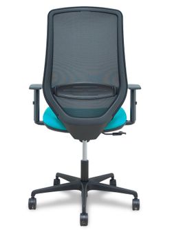 Modelo Mardos - Silla de oficina ergonómica con mecanismo sincro, brazos regulables y ajustable en altura - Respaldo de malla transpirable en color negro y asiento tapizados en tejido BALI color turquesa.