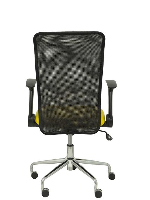 Modelo Minaya - Silla de oficina ergonómica con mecanismo basculante, brazos retráctiles y regulable en altura - Respaldo de malla transpirable y asiento tapizado en similpiel color amarillo.