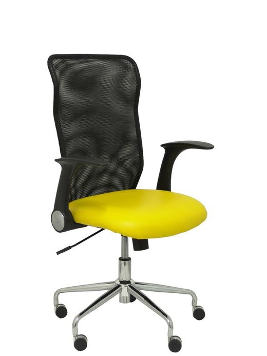 Modelo Minaya - Silla de oficina ergonómica con mecanismo basculante, brazos retráctiles y regulable en altura - Respaldo de malla transpirable y asiento tapizado en similpiel color amarillo.