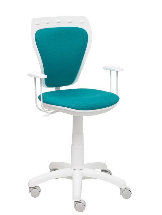 Modelo Ministyle - Silla juvenil ergonómica con mecanismo de contacto lama, regulable en altura y con brazos fijos color blanco - Asiento y respaldo tapizados en tejido bali color turquesa.