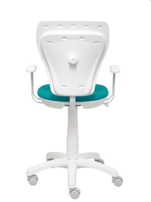 Modelo Ministyle - Silla juvenil ergonómica con mecanismo de contacto lama, regulable en altura y con brazos fijos color blanco - Asiento y respaldo tapizados en tejido bali color turquesa.