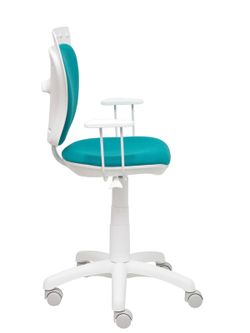 Modelo Ministyle - Silla juvenil ergonómica con mecanismo de contacto lama, regulable en altura y con brazos fijos color blanco - Asiento y respaldo tapizados en tejido bali color turquesa.