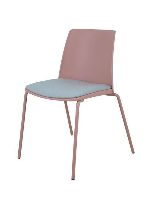 Modelo Orgaz - Pack de 4 sillas confidentes - Carcasa monobloque en PVC de color rosa con estructura de hierro de cuatro patas, en color rosa y asiento tapizado en bali color gris claro.