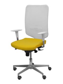 Modelo Ossa blanca - Silla de Oficina ergonómica con mecanismo sincro y regulable en altura - Respaldo de malla en color blanco y asiento tapizado en tejido BALI color amarillo