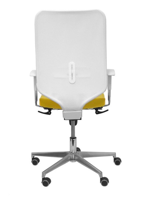 Modelo Ossa blanca - Silla de Oficina ergonómica con mecanismo sincro y regulable en altura - Respaldo de malla en color blanco y asiento tapizado en tejido BALI color amarillo