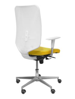 Modelo Ossa blanca - Silla de Oficina ergonómica con mecanismo sincro y regulable en altura - Respaldo de malla en color blanco y asiento tapizado en tejido BALI color amarillo