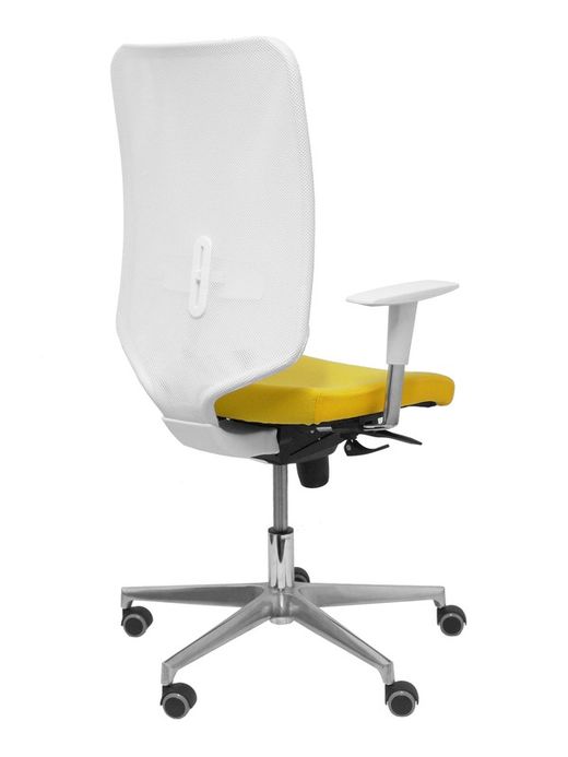 Modelo Ossa blanca - Silla de Oficina ergonómica con mecanismo sincro y regulable en altura - Respaldo de malla en color blanco y asiento tapizado en tejido BALI color amarillo