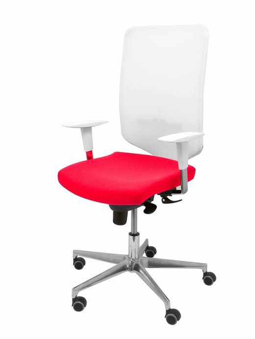 Modelo Ossa blanca - Silla de Oficina ergonómica con mecanismo sincro y regulable en altura - Respaldo de malla en color blanco y asiento tapizado en tejido BALI color rojo