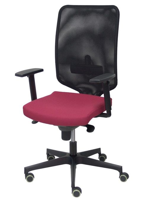 Modelo Ossa Negra - Silla de Oficina ergonómica con mecanismo sincro y regulable en altura - Respaldo de malla en color negro y asiento tapizado en tejido BALI color granate