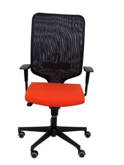 Modelo Ossa Negra - Silla de Oficina ergonómica con mecanismo sincro y regulable en altura - Respaldo de malla en color negro y asiento tapizado en tejido BALI color naranja oscuro