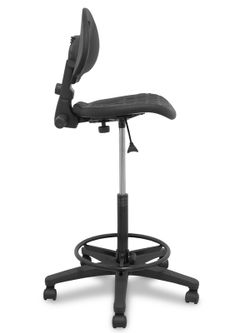 Modelo Paterna taburete  Taburete de trabajo ergonómico, giratorio y regulable en altura (aro reposapiés metálico negro)  Asiento y respaldo de poliuretano inyectado de alta resistencia  Color negro.  Ruedas sit and stop.