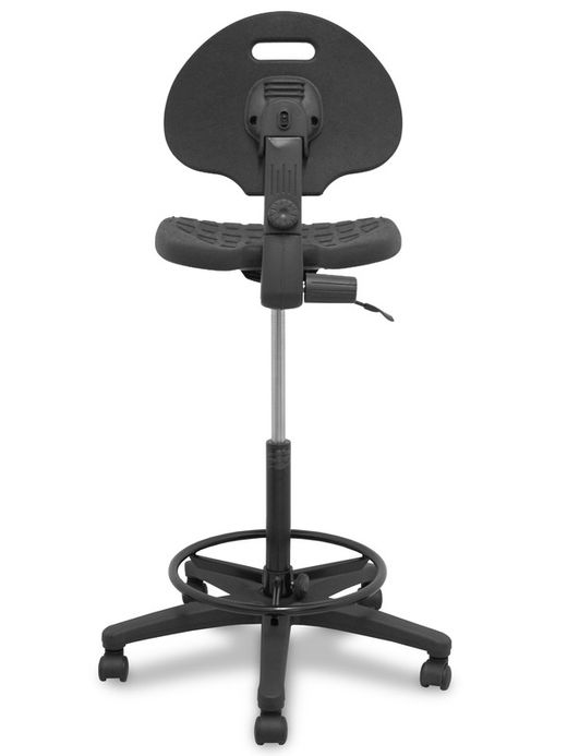 Modelo Paterna taburete  Taburete de trabajo ergonómico, giratorio y regulable en altura (aro reposapiés metálico negro)  Asiento y respaldo de poliuretano inyectado de alta resistencia  Color negro.  Ruedas sit and stop.