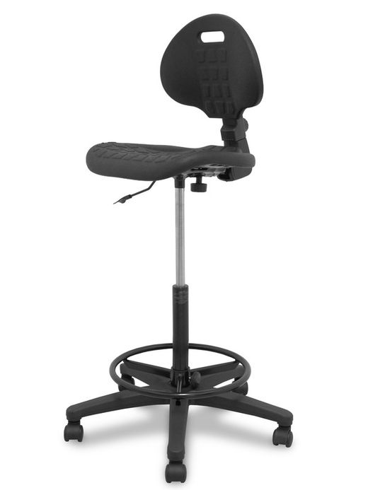 Modelo Paterna taburete  Taburete de trabajo ergonómico, giratorio y regulable en altura (aro reposapiés metálico negro)  Asiento y respaldo de poliuretano inyectado de alta resistencia  Color negro.  Ruedas sit and stop.