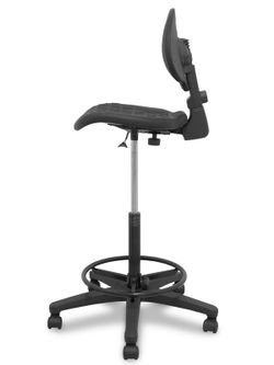 Modelo Paterna taburete  Taburete de trabajo ergonómico, giratorio y regulable en altura (aro reposapiés metálico negro)  Asiento y respaldo de poliuretano inyectado de alta resistencia  Color negro.  Ruedas sit and stop.