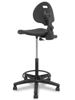 Modelo Paterna taburete  Taburete de trabajo ergonómico, giratorio y regulable en altura (aro reposapiés metálico negro)  Asiento y respaldo de poliuretano inyectado de alta resistencia  Color negro.  Ruedas sit and stop.