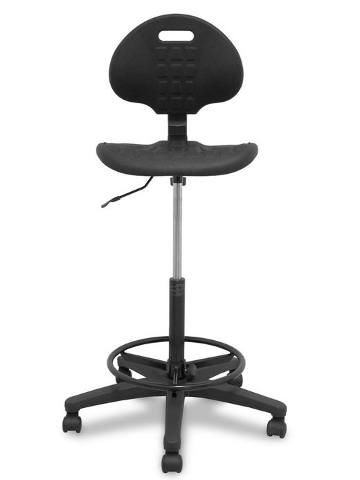 Modelo Paterna taburete  Taburete de trabajo ergonómico, giratorio y regulable en altura (aro reposapiés metálico negro)  Asiento y respaldo de poliuretano inyectado de alta resistencia  Color negro.  Ruedas sit and stop.