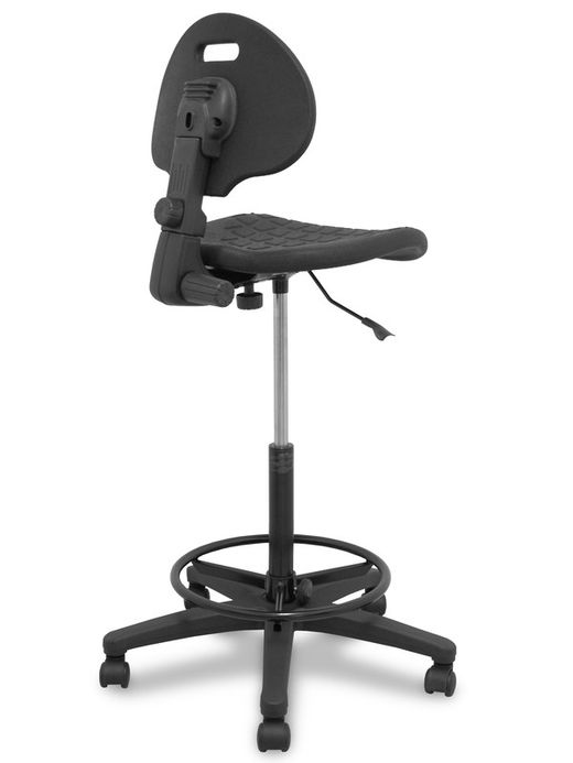 Modelo Paterna taburete  Taburete de trabajo ergonómico, giratorio y regulable en altura (aro reposapiés metálico negro)  Asiento y respaldo de poliuretano inyectado de alta resistencia  Color negro.  Ruedas sit and stop.