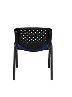 Modelo Pétrola  Pack 4 sillas confidente ergonómica, apilable, multiusos y estructura en color negro  Respaldo de PVC color negro y asiento tapizado en tejido ARAN color azul
