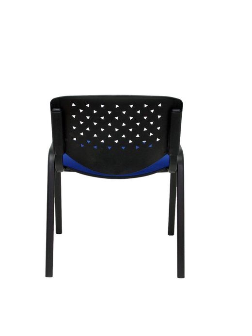 Modelo Pétrola  Pack 4 sillas confidente ergonómica, apilable, multiusos y estructura en color negro  Respaldo de PVC color negro y asiento tapizado en tejido ARAN color azul