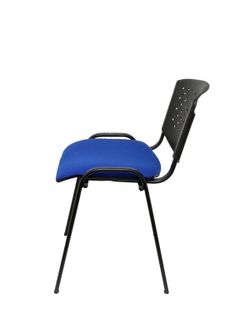Modelo Pétrola  Pack 4 sillas confidente ergonómica, apilable, multiusos y estructura en color negro  Respaldo de PVC color negro y asiento tapizado en tejido ARAN color azul