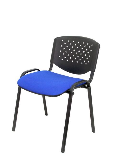 Modelo Pétrola  Pack 4 sillas confidente ergonómica, apilable, multiusos y estructura en color negro  Respaldo de PVC color negro y asiento tapizado en tejido ARAN color azul
