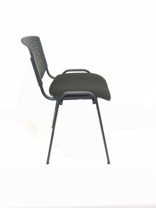 Modelo Pétrola  Pack 4 sillas confidente ergonómica, apilable, multiusos y estructura en color negro  Respaldo de PVC color negro y asiento tapizado en tejido ARAN color negro