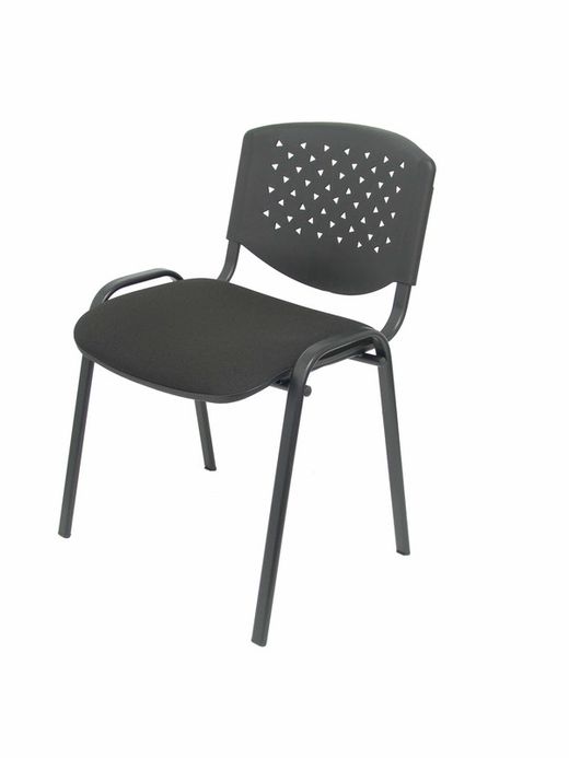 Modelo Pétrola  Pack 4 sillas confidente ergonómica, apilable, multiusos y estructura en color negro  Respaldo de PVC color negro y asiento tapizado en tejido ARAN color negro