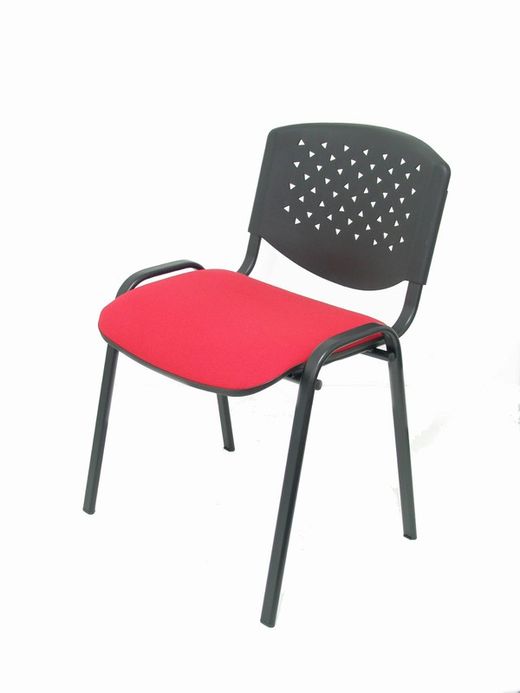Modelo Pétrola  Pack 4 sillas confidente ergonómica, apilable, multiusos y estructura en color negro  Respaldo de PVC color negro y asiento tapizado en tejido ARAN color rojo