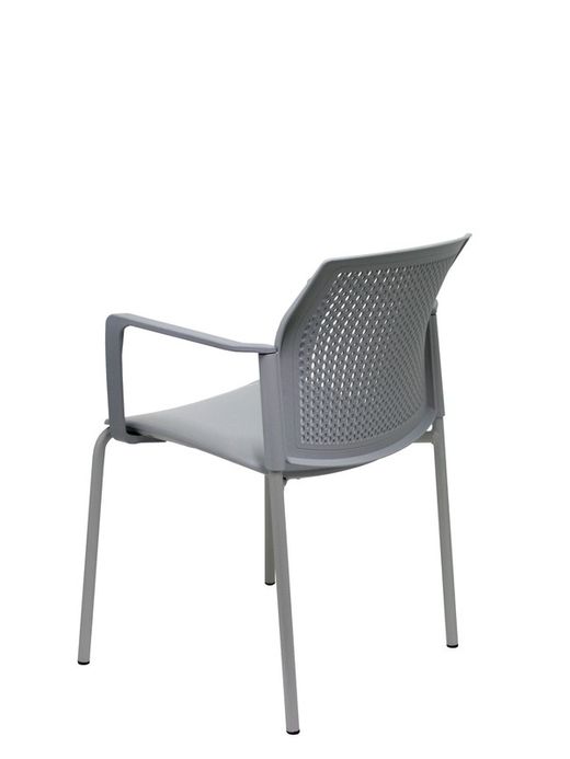 Modelo Sege  Pack de 4 sillas confidentes ergonómica, apilable, multiusos y estructura en color gris  Asiento y respaldo en PVC color gris con brazos.