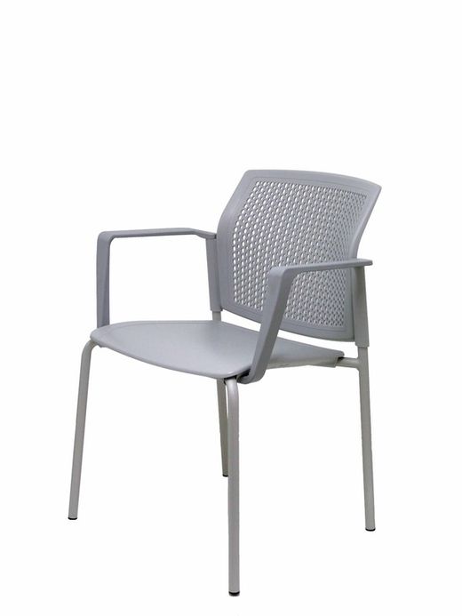 Modelo Sege  Pack de 4 sillas confidentes ergonómica, apilable, multiusos y estructura en color gris  Asiento y respaldo en PVC color gris con brazos.