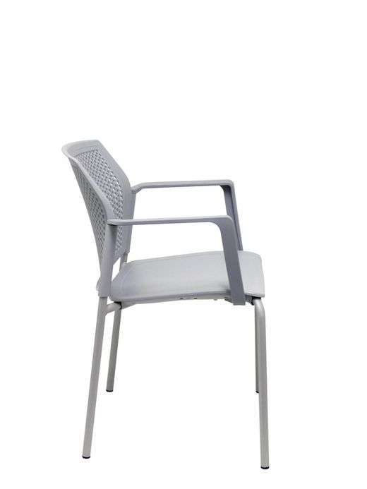 Modelo Sege  Pack de 4 sillas confidentes ergonómica, apilable, multiusos y estructura en color gris  Asiento y respaldo en PVC color gris con brazos.