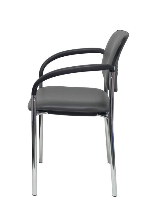 Modelo Styl - Silla confidente de 4 patas y estructrua cromada con brazos - Asiento y respaldo tapizados en tejido SIMILPIEL color gris oscuro.