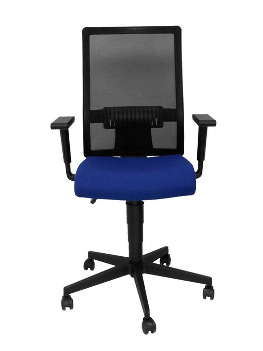 Modelo TakTik - Silla de oficina ergonómica con mecanismo de contacto permanente de doble maneta, brazos regulables y refuerzo lumbar - Respaldo de malla transpirable en color negro y asiento tapizado en tejido BALI color azul