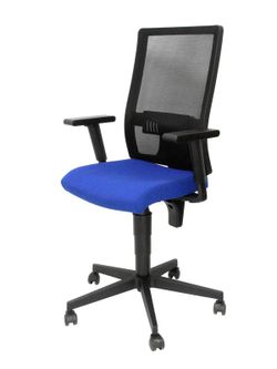 Modelo TakTik - Silla de oficina ergonómica con mecanismo de contacto permanente de doble maneta, brazos regulables y refuerzo lumbar - Respaldo de malla transpirable en color negro y asiento tapizado en tejido BALI color azul