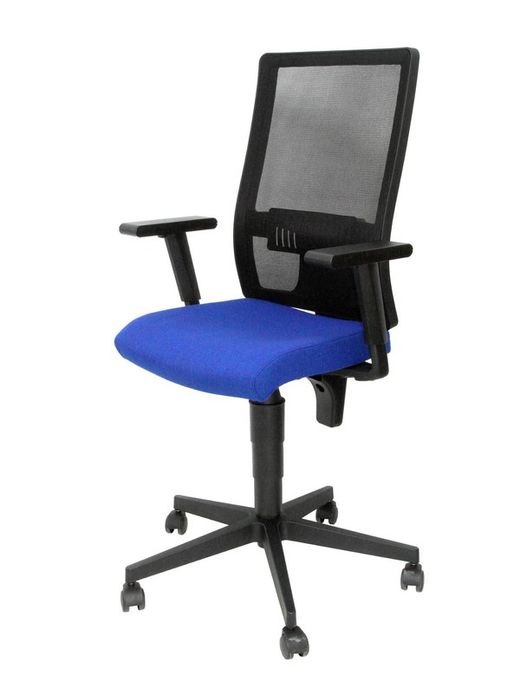 Modelo TakTik - Silla de oficina ergonómica con mecanismo de contacto permanente de doble maneta, brazos regulables y refuerzo lumbar - Respaldo de malla transpirable en color negro y asiento tapizado en tejido BALI color azul