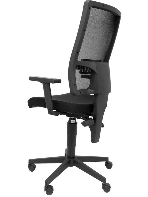Modelo Taktik - Silla de oficina ergonómica con mecanismo de contacto permanente de doble maneta, brazos regulables y refuerzo lumbar - Respaldo de malla transpirable en color negro y asiento tapizado en tejido BALI color negro.