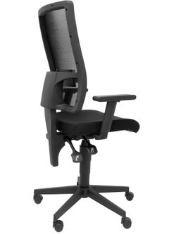Modelo Taktik - Silla de oficina ergonómica con mecanismo de contacto permanente de doble maneta, brazos regulables y refuerzo lumbar - Respaldo de malla transpirable en color negro y asiento tapizado en tejido BALI color negro.