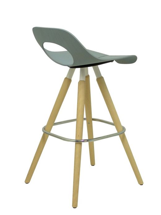 Modelo Tauko - Taburete de haya lacado con patas de madera y aro cromado - Asiento monocarcasa en haya lacada color azul