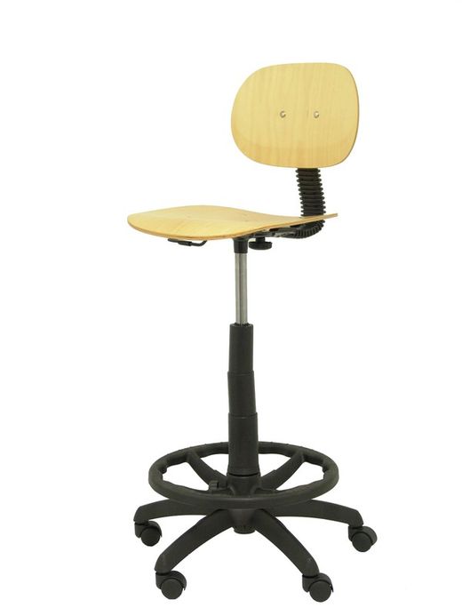 Modelo Tus  Taburete de trabajo ergonómico, giratorio y regulable en altura(aro reposapiés cromado)  Asiento y respaldo de madera color haya
