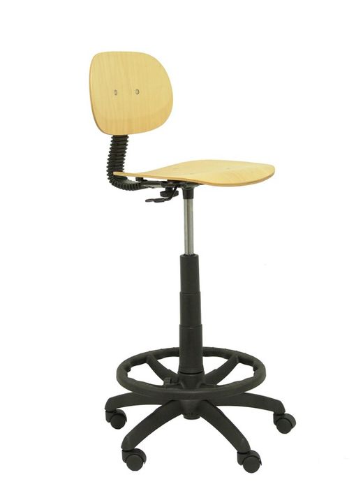 Modelo Tus  Taburete de trabajo ergonómico, giratorio y regulable en altura(aro reposapiés cromado)  Asiento y respaldo de madera color haya