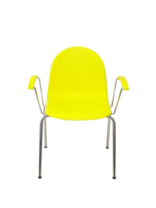 Modelo Ves - Pack 4 sillas confidentes ergonómicas con brazos fijos cromados y estructura cromada - Asiento y respaldo de plástico de color amarillo.