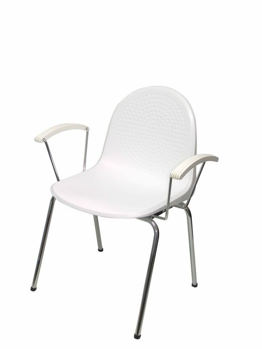 Modelo Ves - Pack 4 sillas confidentes ergonómicas con brazos fijos cromados y estructura cromada - Asiento y respaldo de plástico de color blanco.